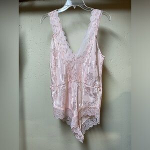Vintage Satin Pink Lace Teddy Bodysuit Romper Sz Unknown SEE measurements